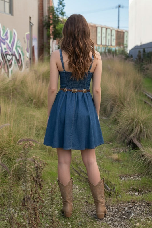 Robe Courte en Jean Froncé au Dos et Bustier – Robe Courte en Jean de Coton Extensible