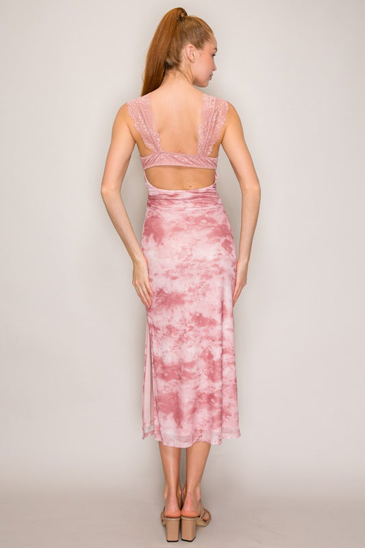 pink dress with a lace crop cut out matching pink and white tie-dye dress