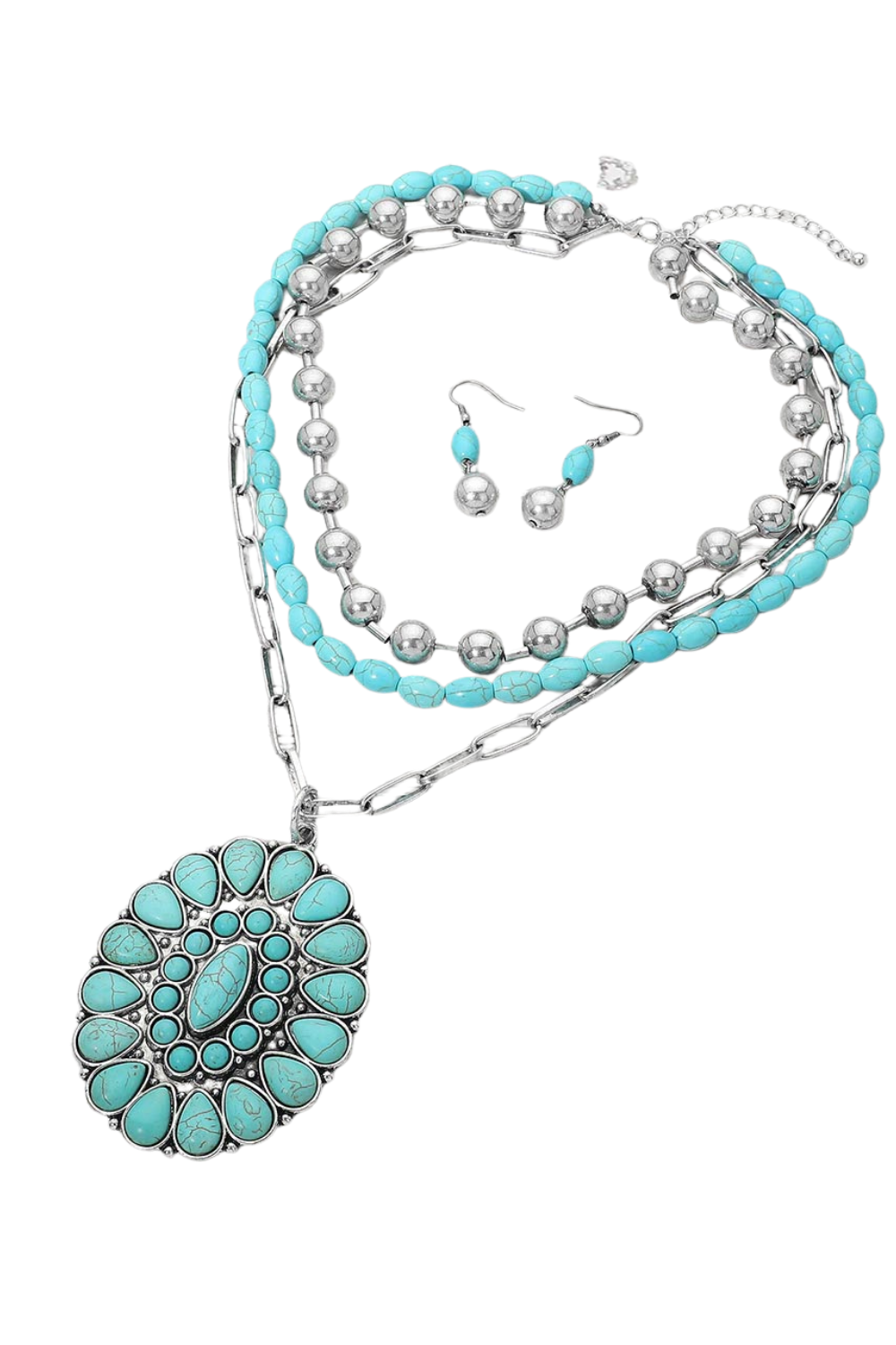 Boho Western Turquoise Concho Pendant Necklace & Earrings Set