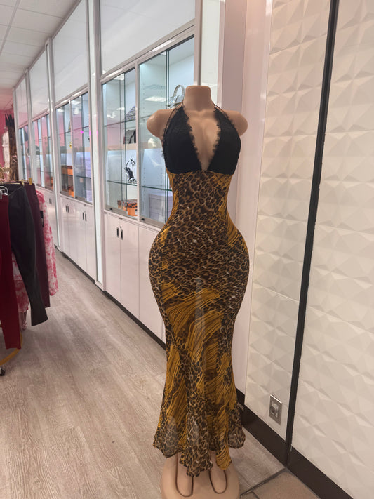 Maci Leopard Sheer Maxi Halter Dress | Chic Animal Print Resort Dress - S dress for women Vacation Outfits Birthday Dresses Going Out Looks