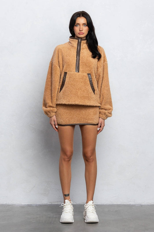 Cozy Half Zip Top & Mini Skirt Set – Fuzzy Lounge Wear for Women - Small outfit for women Vacation Outfits Birthday Dresses Going Out Looks