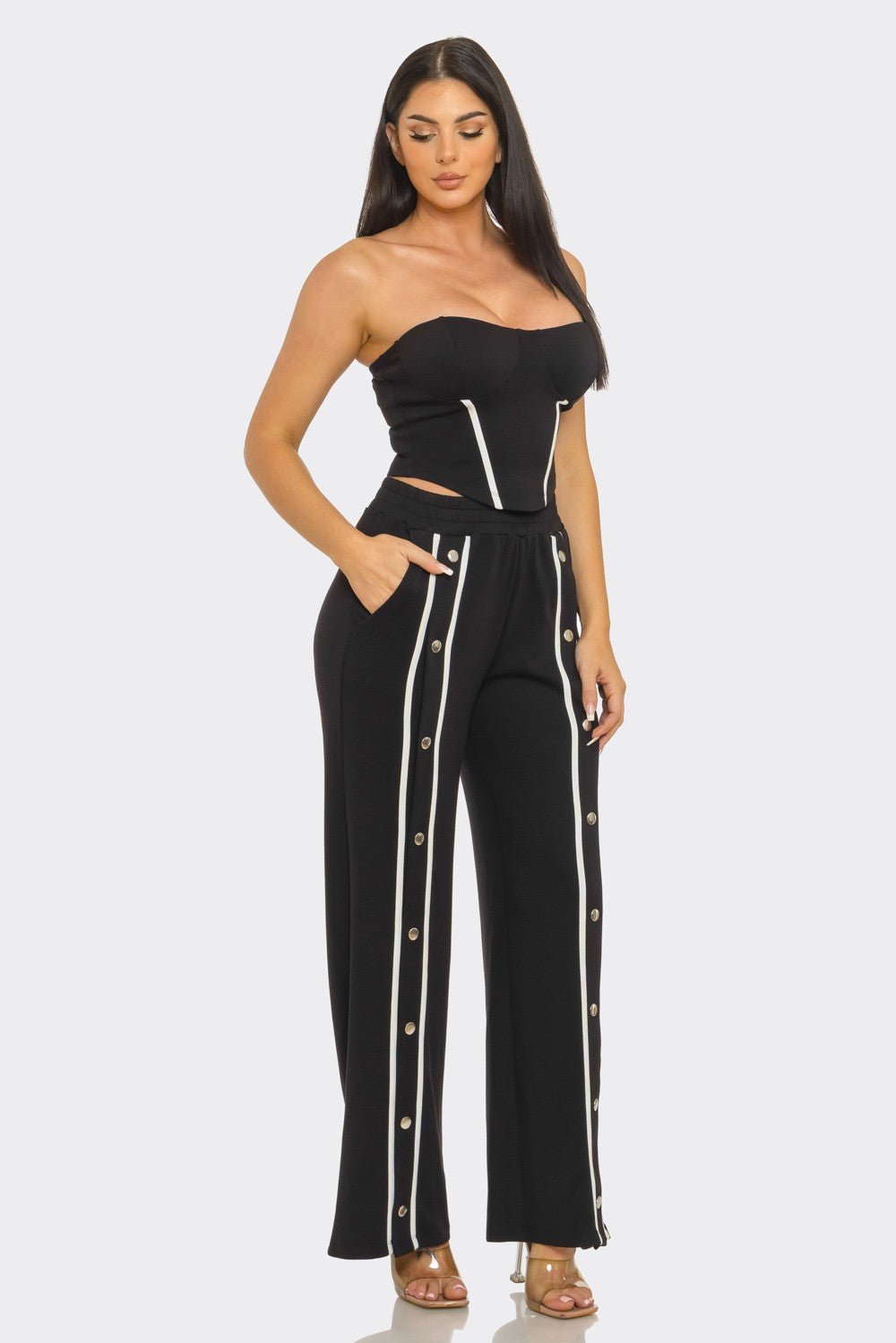 After Dark Button Detail Set – Strapless Top & Pants - Black outfit for women Vacation Outfits Birthday Dresses Going Out Looks