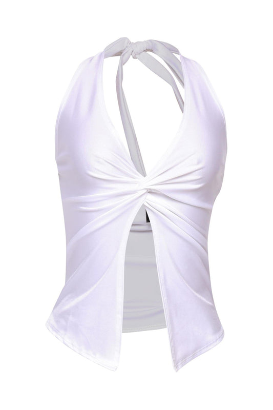 Aliyah Nylon Halter Top With Knotted Front - Ivory top for women Vacation Outfits Birthday Dresses Going Out Looks