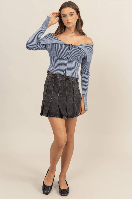Amber Washed Off The Shoulder Zip - Front Sweater Top - S tops for women Vacation Outfits Birthday Dresses Going Out Looks