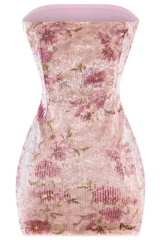 Amelia Luxury Strapless Floral Sequin Mini Dress | Shimmer Fit - Pink DRESS for women Vacation Outfits Birthday Dresses Going Out Looks