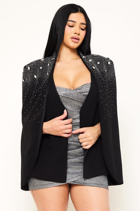 Anastasia Rhinestone Cape Jacket – Luxury Shawl Collar Slim Fit Blazer - Black for women Vacation Outfits Birthday Dresses Going Out Looks