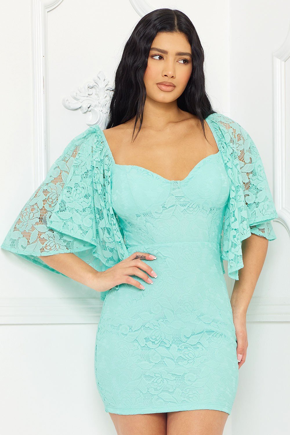 Aqua Lace Cape Sleeve Lacey Mini Dress - Blaire Shops