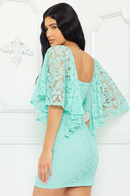 Aqua Lace Cape Sleeve Lacey Mini Dress - Aqua dress for women Vacation Outfits Birthday Dresses Going Out Looks