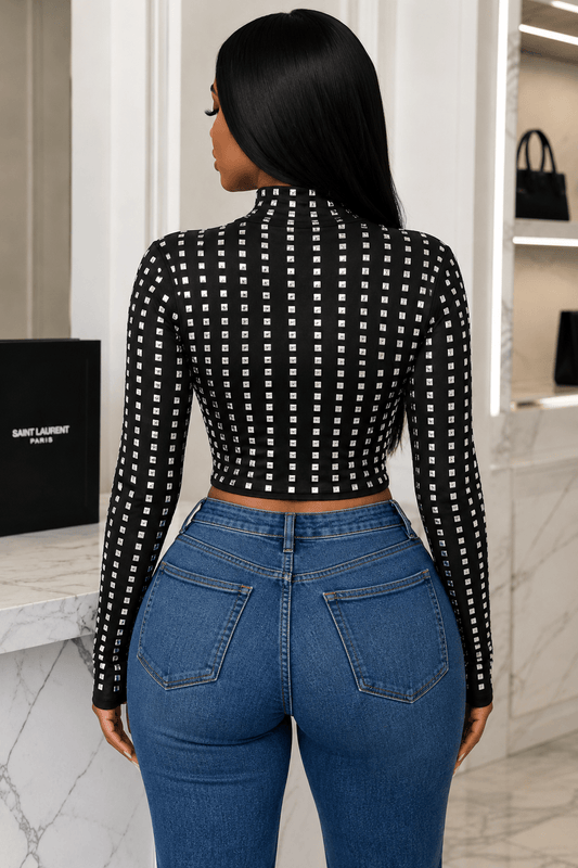 Astrid Noir Crystal Embellished Long Sleeve Mock Neck Top - Black Crop Top for women Vacation Outfits Birthday Dresses Going Out Looks