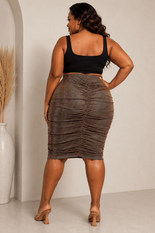 Athena Plus Size Skirt - Gold Ruched Below the Knee for Effortless Elegance - Gold SKIRT for women Vacation Outfits Birthday Dresses Going Out Looks