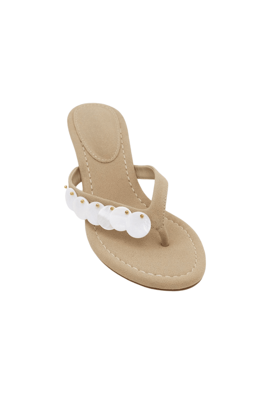 Aurelia Pearl Shell Kitten Heels – Coastal Thong Sandals for Vacation & Resort Wear - Taupe heels for women Vacation Outfits Birthday Dresses Going Out Looks