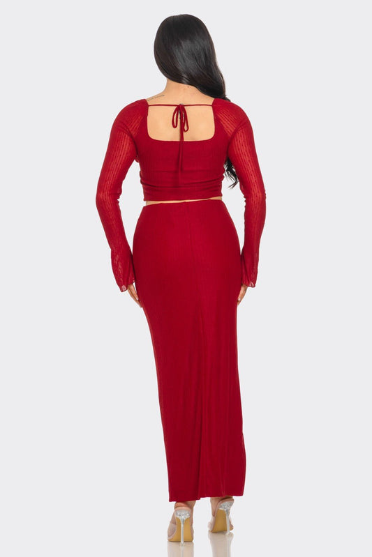 Ava Long Sleeve Tie Front Top & Maxi Skirt Set – Elegant Two - Piece Outfit - Red outfit for women Vacation Outfits Birthday Dresses Going Out Looks