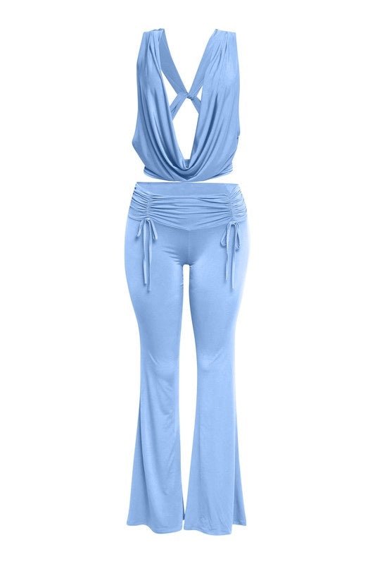 BABY BLUE COWL NECK OPEN BACK TOP FLARE PANTS SET - Baby Blue PANT SET for women Vacation Outfits Birthday Dresses Going Out Looks