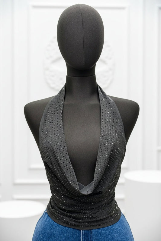 Black Rhinestone Cowl Neck Halter Top – Sexy Backless Sparkly Party Top for Club Nights & Events - Black crop top for women Vacation Outfits Birthday Dresses Going Out Looks