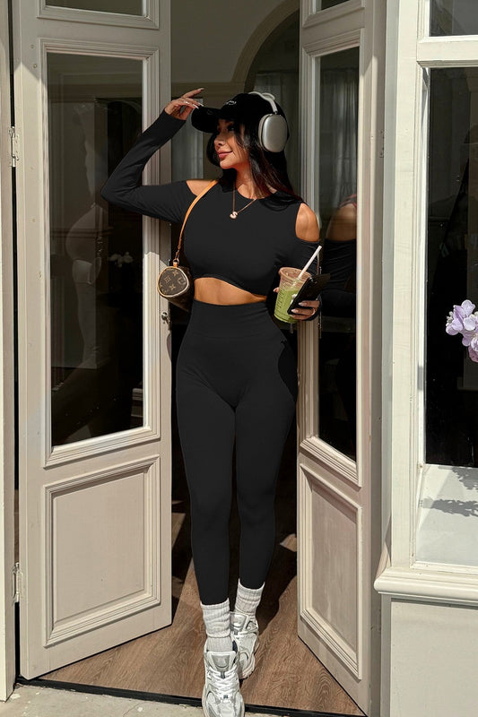 Blaire Sport Luxury Athleisure Cut - Out Shoulder Top & Legging Set - Black gym wear for women Vacation Outfits Birthday Dresses Going Out Looks