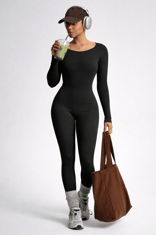 Blaire Sport Ribbed Long Sleeve Cut - Out V - Back Jumpsuit - Black for women Vacation Outfits Birthday Dresses Going Out Looks