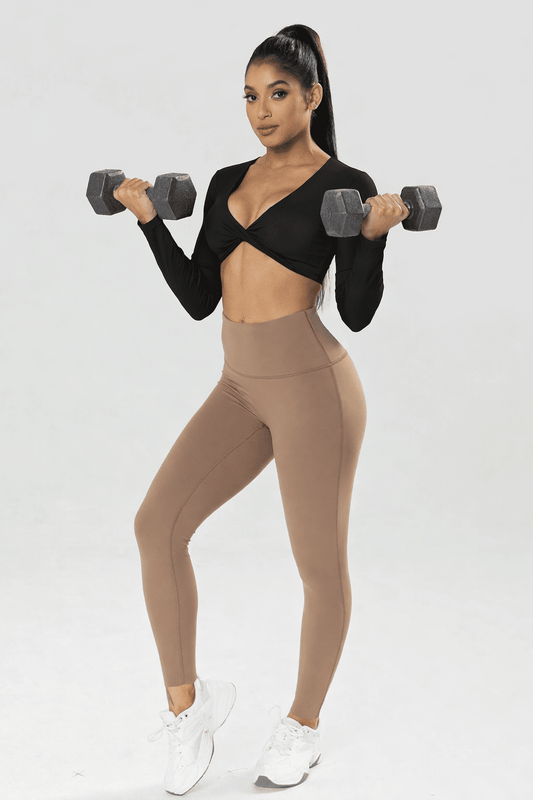 Blaire Sport Twist Knot Long Sleeve Workout Crop Top with Bra - Black BRA for women Vacation Outfits Birthday Dresses Going Out Looks