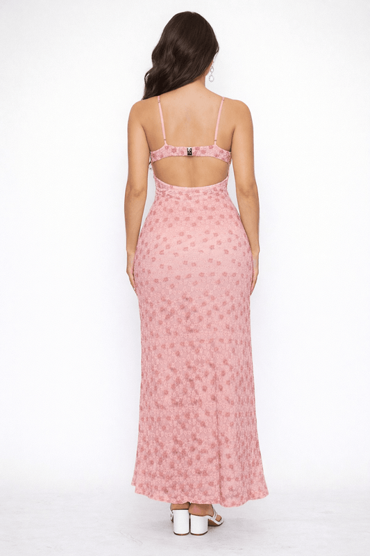 Blossom Lace Maxi Dress – Floral Bodycon Midi with Square Neck & Cut - Out Back - Pale pink DRESS for women Vacation Outfits Birthday Dresses Going Out Looks