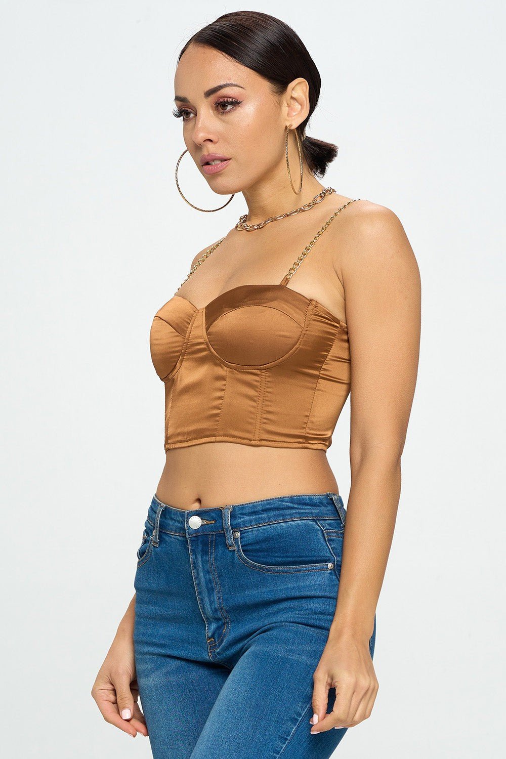 Brittney Gold Chain Strap Satin Solid Bustier Crop Top - Black Crop Top for women Vacation Outfits Birthday Dresses Going Out Looks