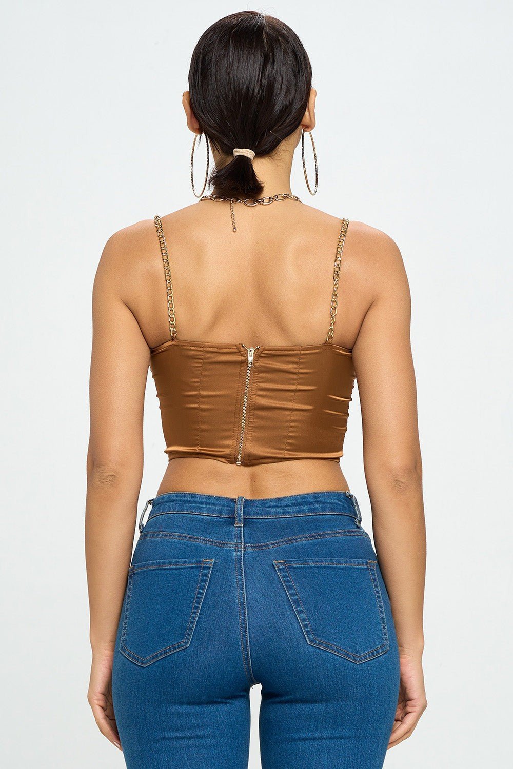 Brittney Gold Chain Strap Satin Solid Bustier Crop Top - Black Crop Top for women Vacation Outfits Birthday Dresses Going Out Looks