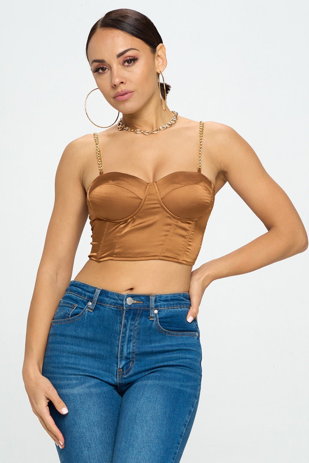 Brittney Gold Chain Strap Satin Solid Bustier Crop Top - Cognac Crop Top for women Vacation Outfits Birthday Dresses Going Out Looks