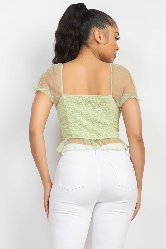 Camila Shirred Cutout Romantic Dotted Crop Top - S top for women Vacation Outfits Birthday Dresses Going Out Looks