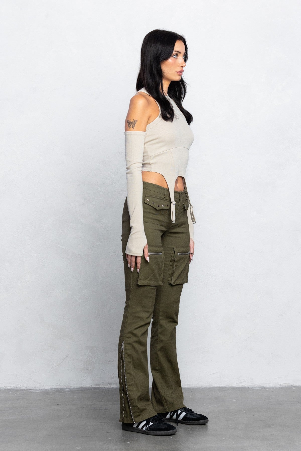Cargo Twill Bootcut Pants | Low Waist Zipper Detail Trendy Streetwear - Olive pants for women Vacation Outfits Birthday Dresses Going Out Looks