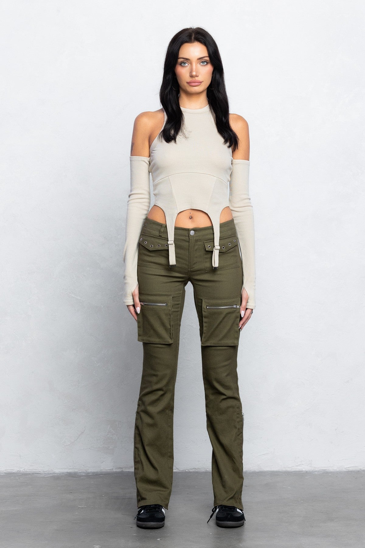 Cargo Twill Bootcut Pants | Low Waist Zipper Detail Trendy Streetwear - Olive pants for women Vacation Outfits Birthday Dresses Going Out Looks