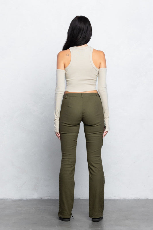 Cargo Twill Bootcut Pants | Low Waist Zipper Detail Trendy Streetwear - Olive pants for women Vacation Outfits Birthday Dresses Going Out Looks