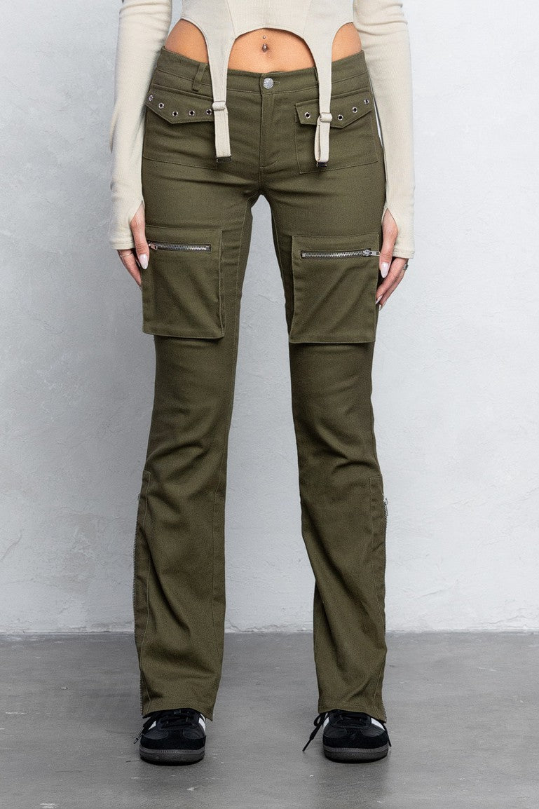 Cargo Twill Bootcut Pants | Low Waist Zipper Detail Trendy Streetwear - Olive pants for women Vacation Outfits Birthday Dresses Going Out Looks
