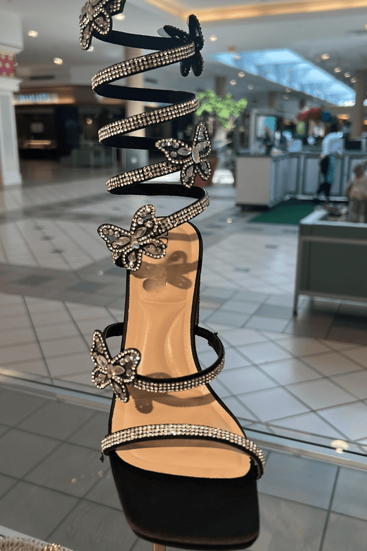 Celeste Black Rhinestone Butterfly Coil Heels – Statement Party & Going Out Heels for Women - Black heels for women Vacation Outfits Birthday Dresses Going Out Looks