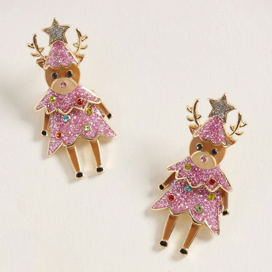 Christmas Tree Reindeer Earrings - Pink EARRINGS for women Vacation Outfits Birthday Dresses Going Out Looks