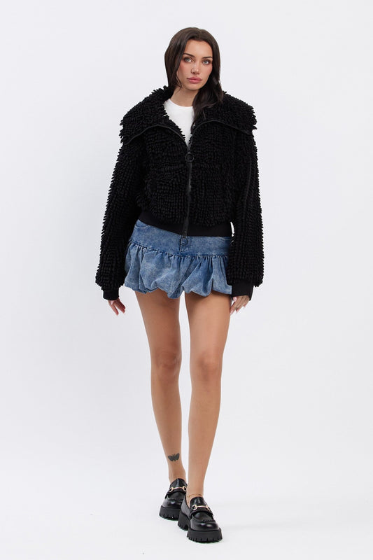 Chunky Collared Chenille Zip - Up Jacket | Cropped Oversized Trendy Streetwear - Black jacket for women Vacation Outfits Birthday Dresses Going Out Looks