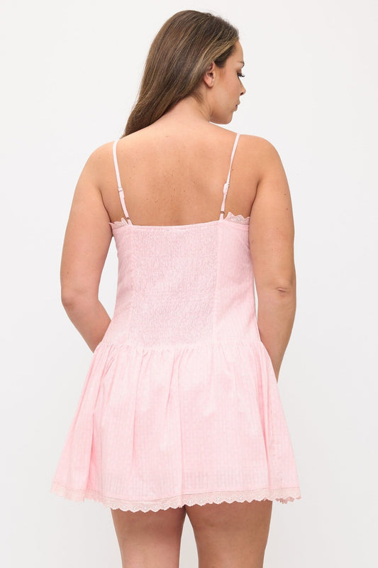 Coastal Charm Cotton Drop - Waist Mini Dress – Plus Size Casual Dress - Pink for women Vacation Outfits Birthday Dresses Going Out Looks