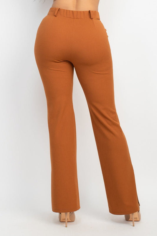 Cognac Side Slit Pants with Elastic Back | Trendy Fall Look - Cognac bottoms for women Vacation Outfits Birthday Dresses Going Out Looks