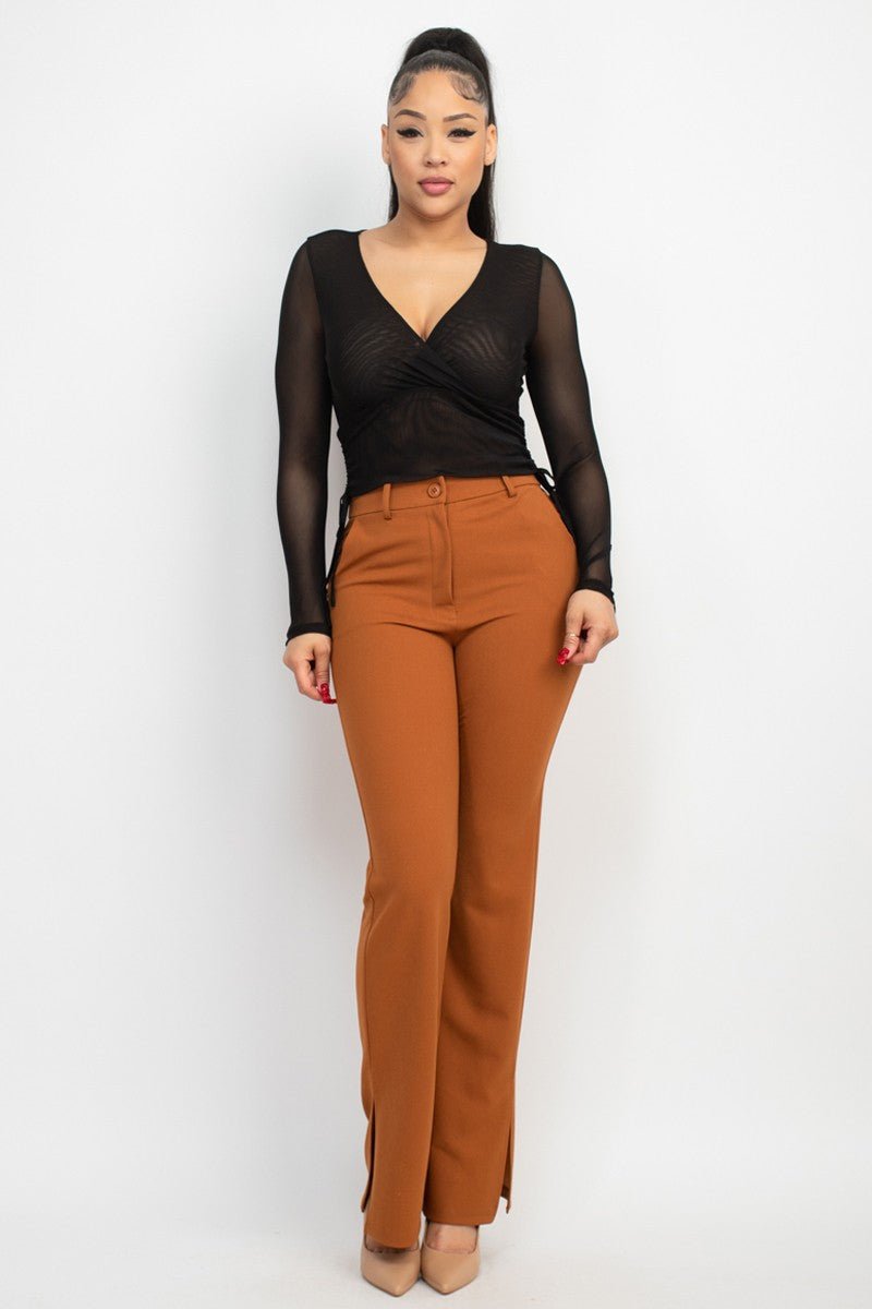 Cognac Side Slit Pants with Elastic Back | Trendy Fall Look - Blaire Shops