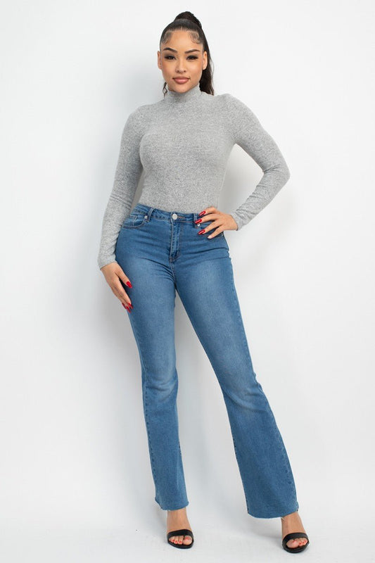 Cozy Mock Neck Long Sleeve Knit Top – Soft Stretch Fitted Sweater Tee - Grey top for women Vacation Outfits Birthday Dresses Going Out Looks