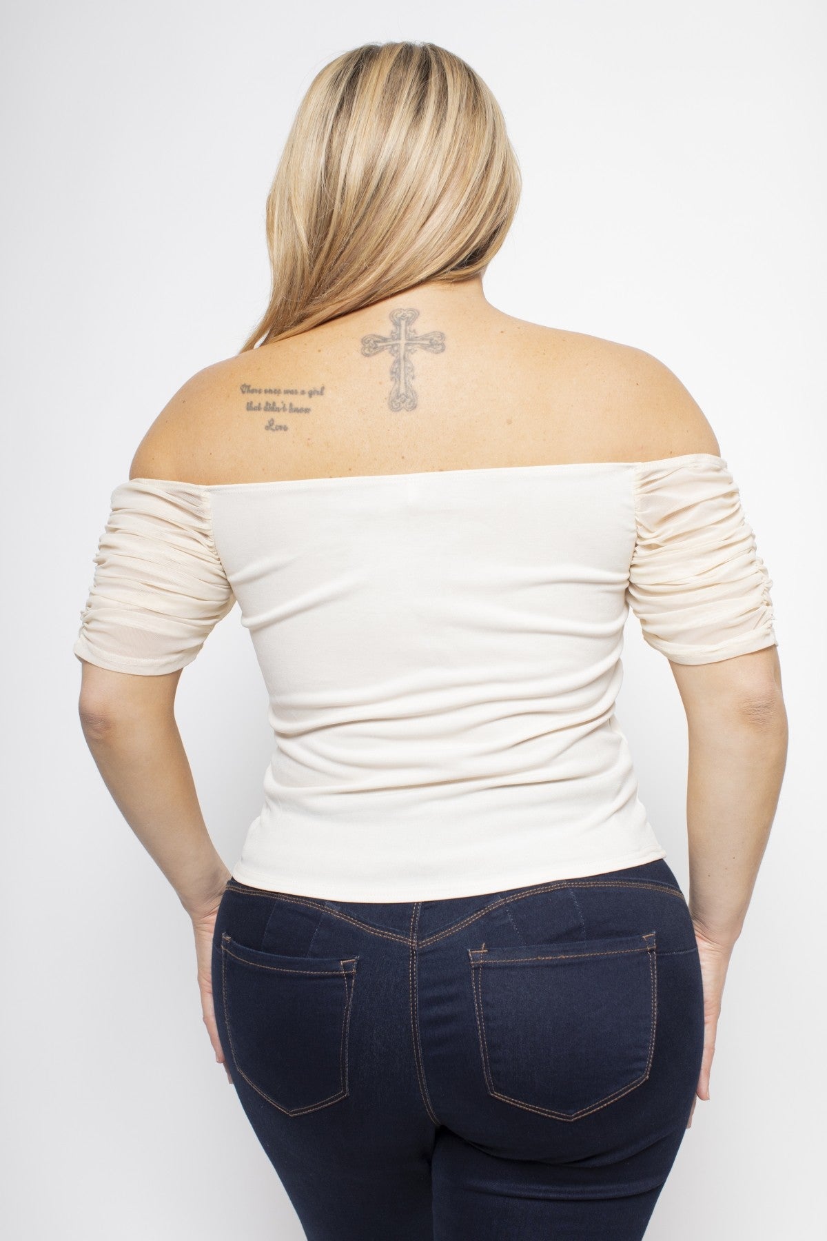 Crème Allure – Plus Size Cut - Out Ruched Mesh Top - Blaire Shops