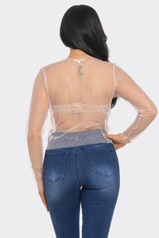 Crystal Studded Mesh Top – Rainbow Rhinestone Sheer Blouse - Ivory Crop Top for women Vacation Outfits Birthday Dresses Going Out Looks