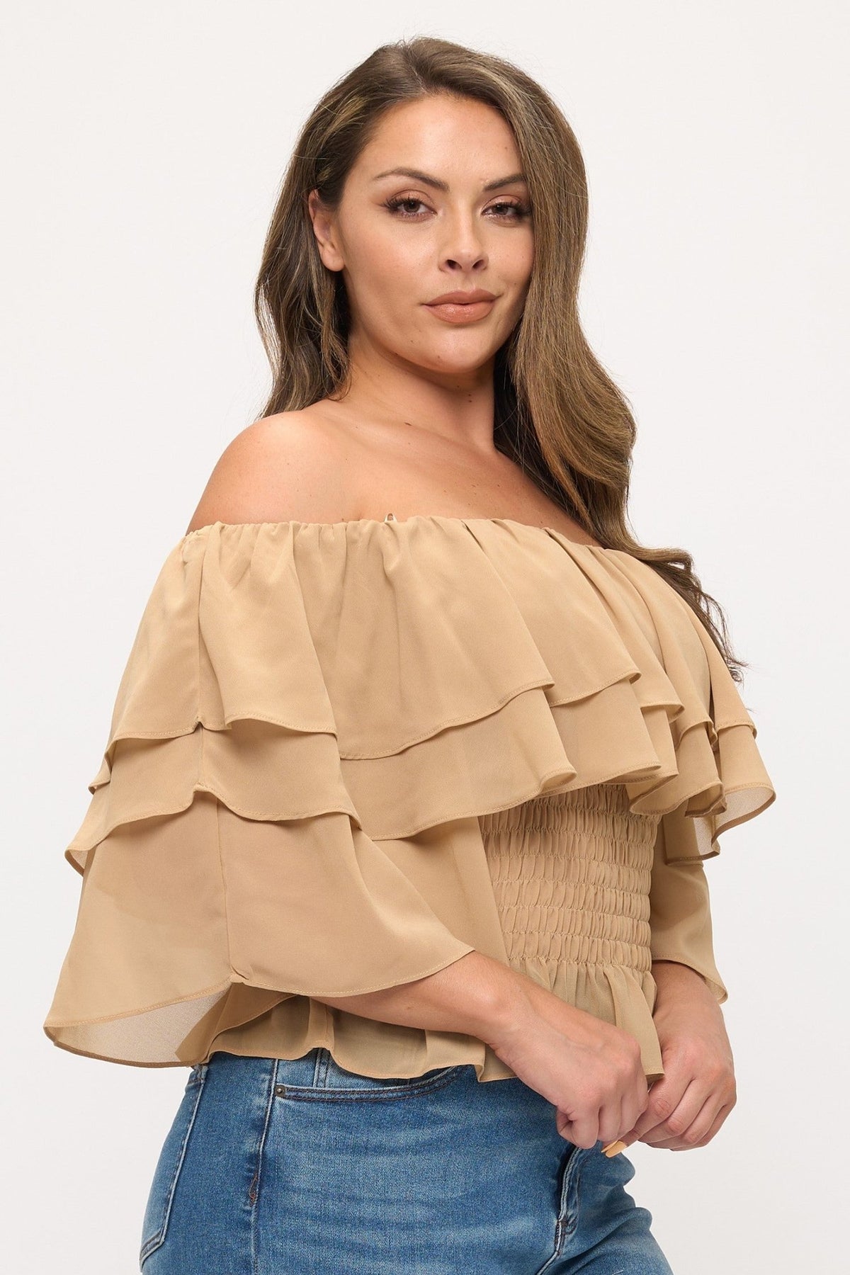 Curvy Romance Off - Shoulder Chiffon Top - khaki top for women Vacation Outfits Birthday Dresses Going Out Looks