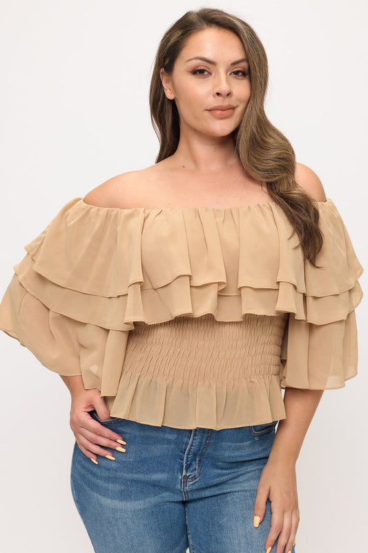 Curvy Romance Off - Shoulder Chiffon Top - khaki top for women Vacation Outfits Birthday Dresses Going Out Looks