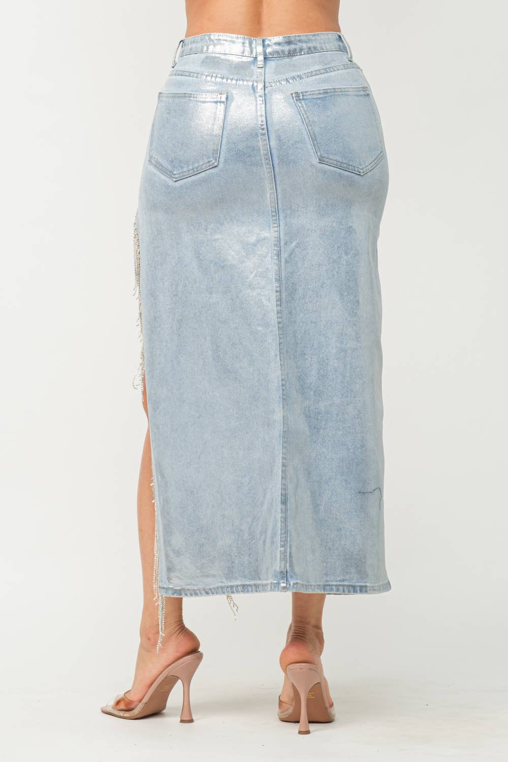 DEMI LUXE Denim Metallic Foil Side Slit Rhinestone Fringe Maxi Skirt - Blaire Shops