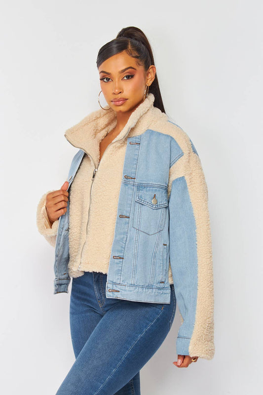 Denim Sherpa Panel Jacket – Cozy Faux Shearling, Relaxed Fit & Classic Style - S jacket for women Vacation Outfits Birthday Dresses Going Out Looks