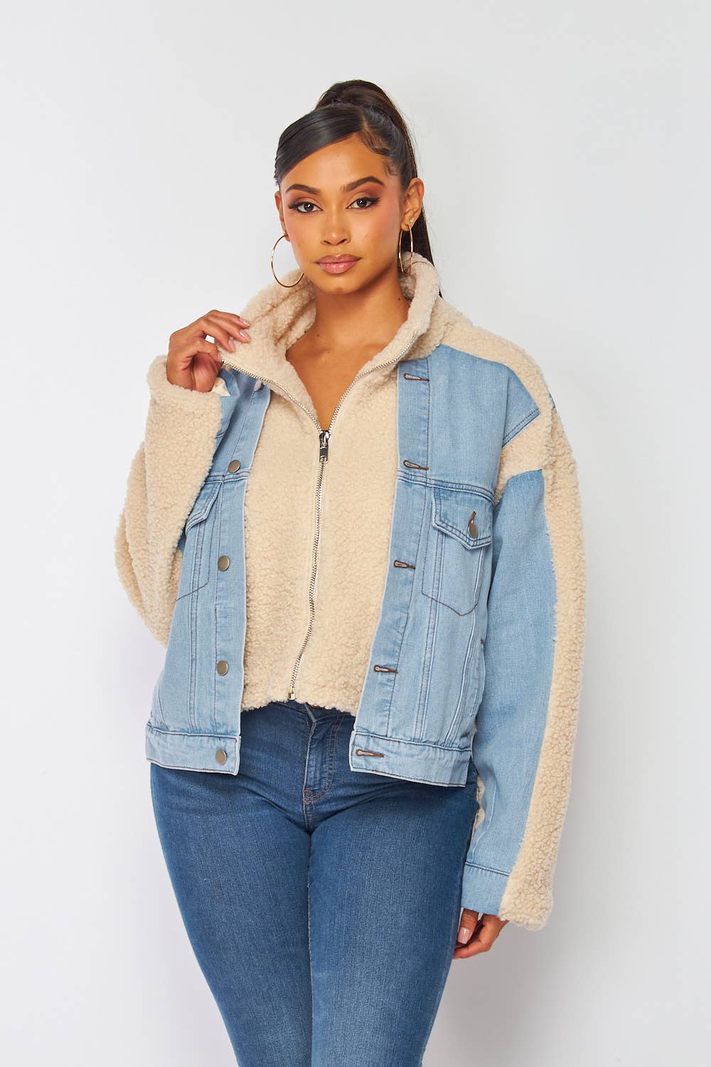 Denim Sherpa Panel Jacket – Cozy Faux Shearling, Relaxed Fit & Classic Style - Blaire Shops