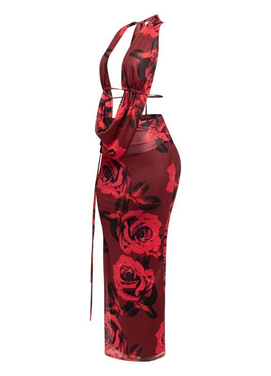 Elegant Red Maxi Skirt Cowl Neck Halter Set for Effortless Style & Flattering Fit - S for women Vacation Outfits Birthday Dresses Going Out Looks