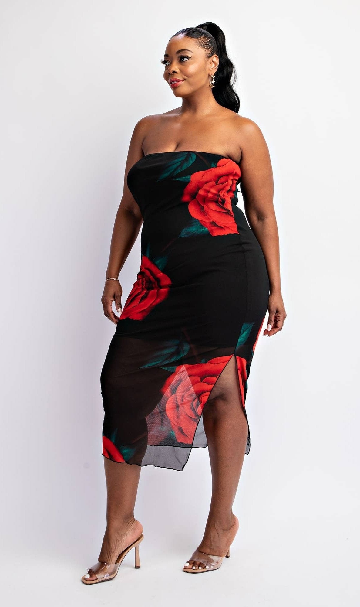 EMILIA PLUS SIZE MESH PRINT STRAPLESS DRESS WITH SLIT - Blaire Shops
