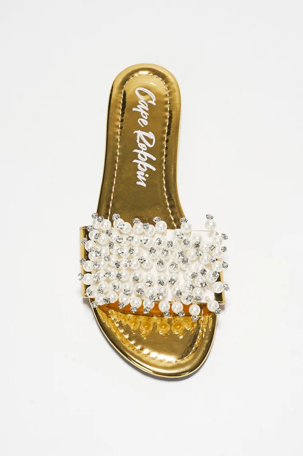 Fara Glamorous Pearl Embellished Round Toe Slip On Sandals - Gold - Gold sandals for women Vacation Outfits Birthday Dresses Going Out Looks