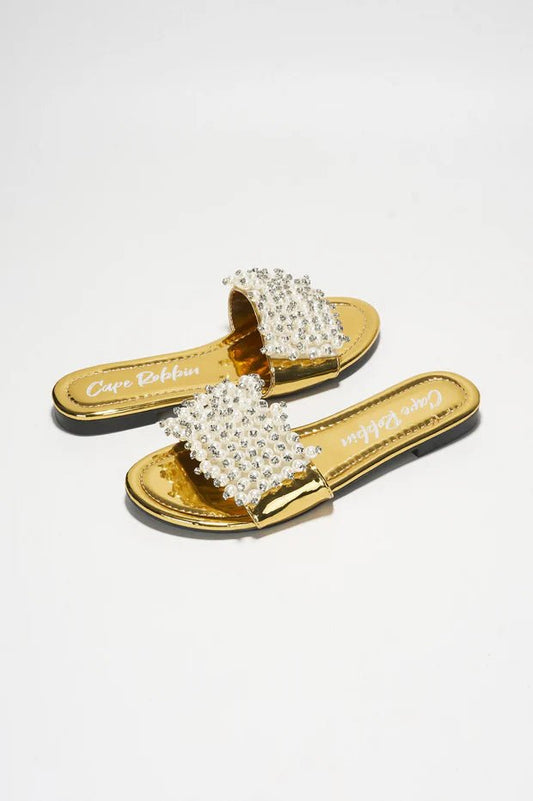 Fara Glamorous Pearl Embellished Round Toe Slip On Sandals - Gold - Gold sandals for women Vacation Outfits Birthday Dresses Going Out Looks