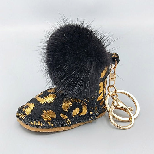 Faux Fur Pom Pom Boot Keychain - Leopard keychain for women Vacation Outfits Birthday Dresses Going Out Looks