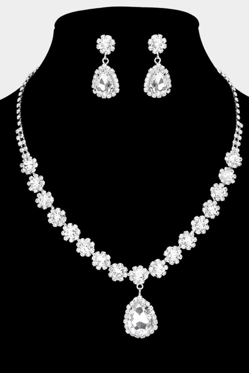 Formal Teardrop Stone Pointed Flower Rhinestone Paved Necklace and Earring Set - Blaire Shops